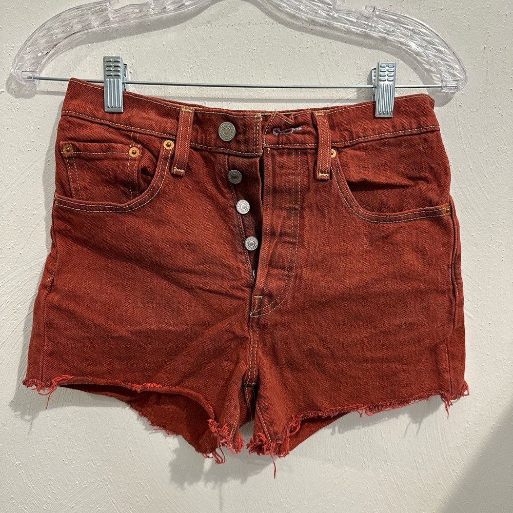 Levi's Red Jean Shorts High-Waisted Frayed Hem